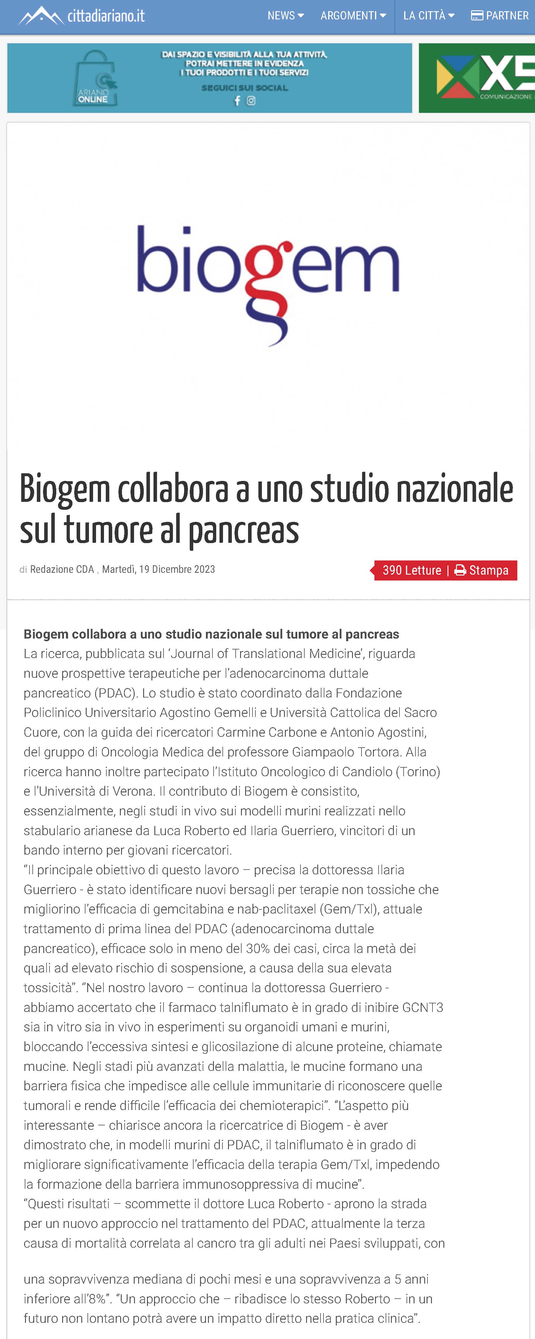 Biogem collabora a uno studio nazionale sul tumore al pancreas
